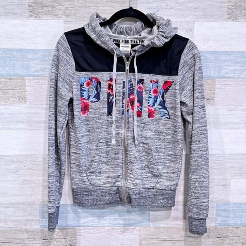 PINK Victorias Secret Floral Logo Full Zip Hoodie Gray Black Womens XS
